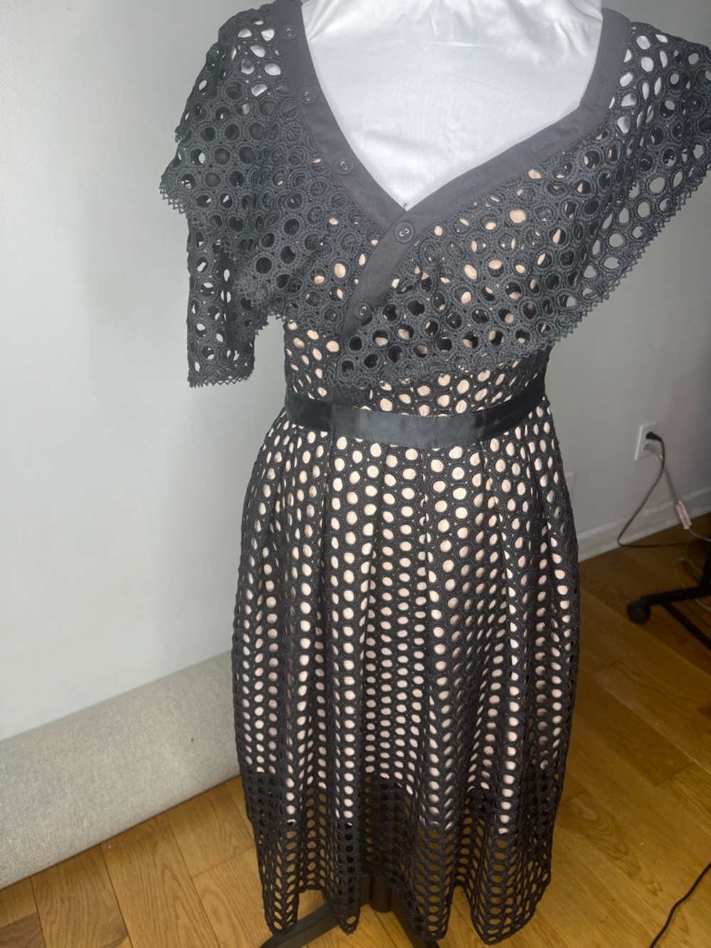 Black Eyelet Midi Dress with Nude Lining